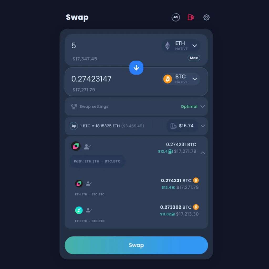 Screenshot of a cross-chain ETH to BTC swap on THORSwap via Chainflip