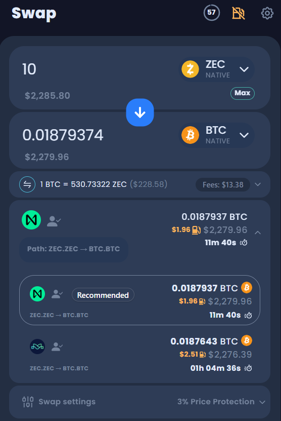 An example of a swap from ZEC to BTC with routes provided by NEAR Intents and Maya Protocol on THORSwap.